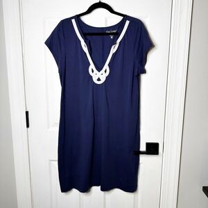 Lilly Pulitzer Navy Blue Dress V Neck White Trim Size XL Pima Cotton Coastal